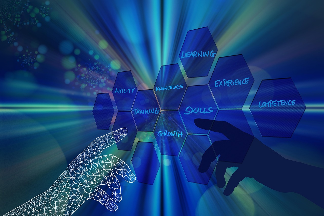 Abstract image with hands interacting with hexagons labeled learning, knowledge, skills, and growth